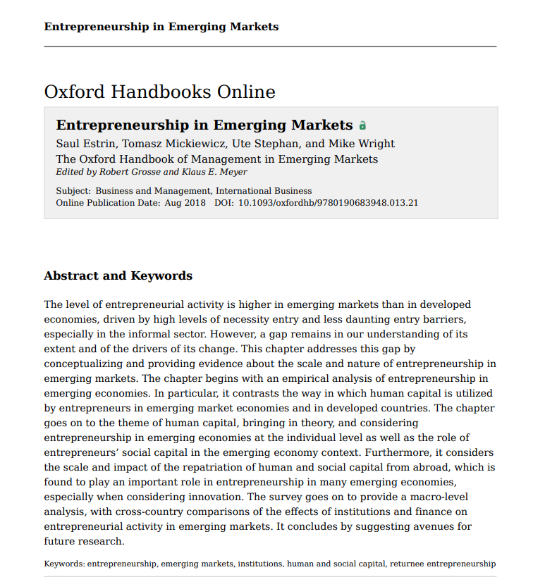 Entrepreneurship in Emerging Markets