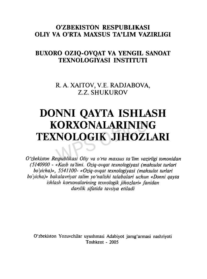 Donni qayta ishlash korxonalarining texnologik jihozlari