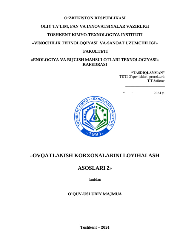 «Ovqatlanish korxonalarini loyihalash asoslari»